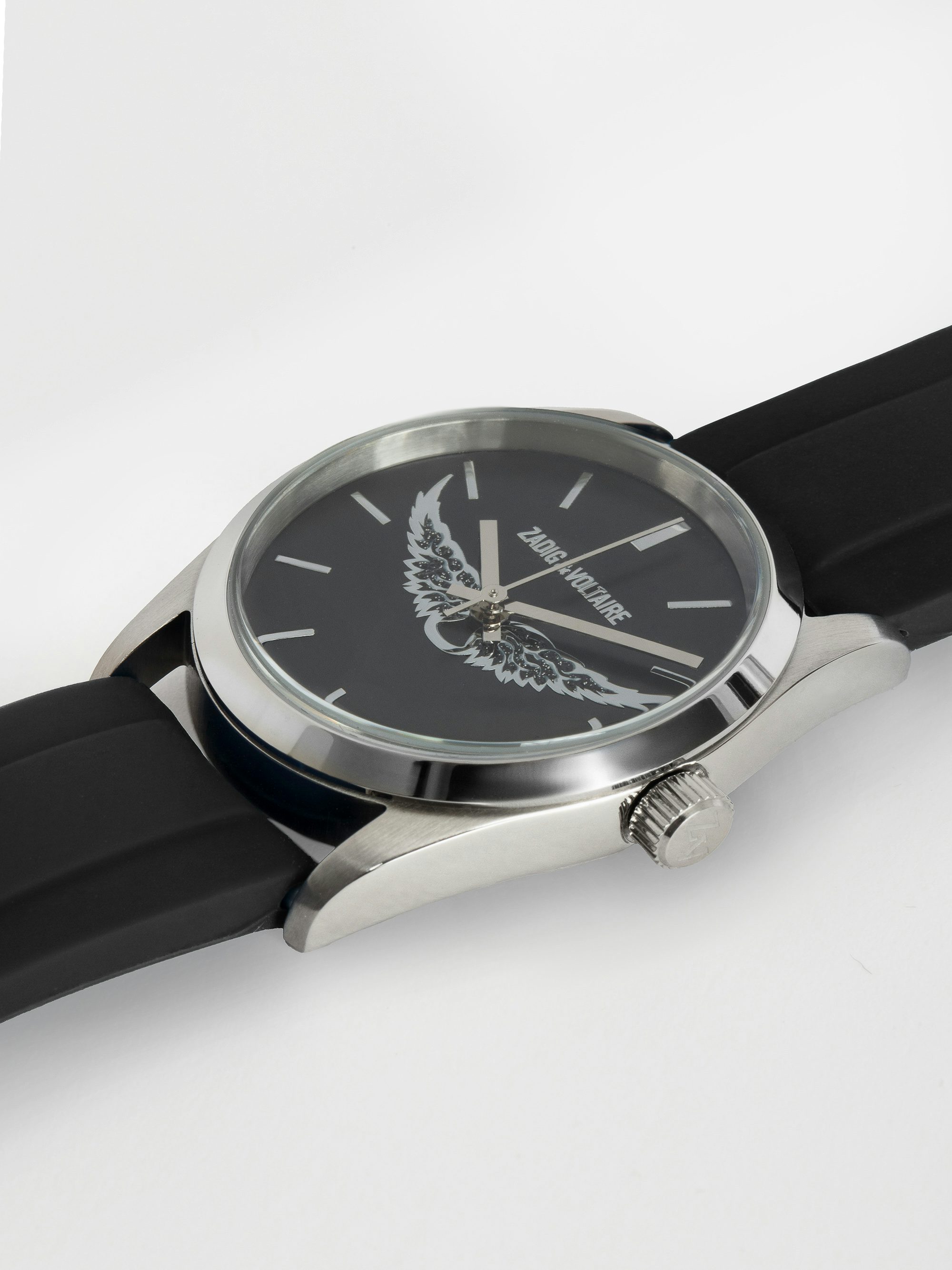 Zadig Rubber Wings Watch - Gray stainless steel watch with silicone strap and black dial with wing motifs.